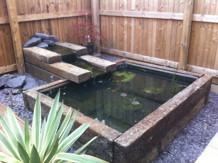 Pond railway sleeper sleepers water ponds garden mick features raised patio fish gardens railwaysleepers feature landscaping backyard choose board